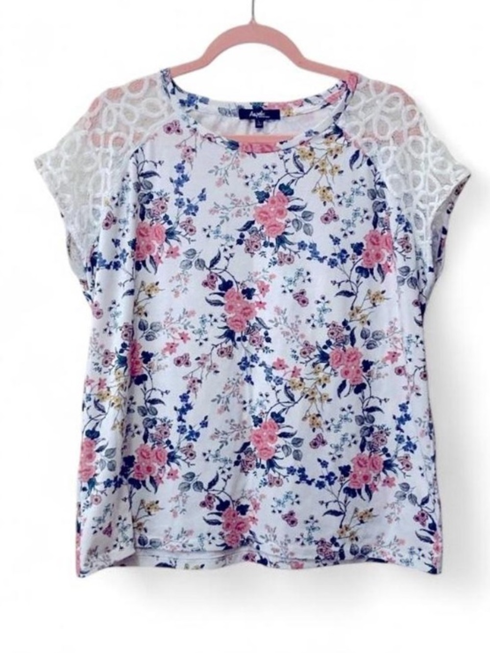 Angels Floral Lace Raglan Top - White, Pink & Blue